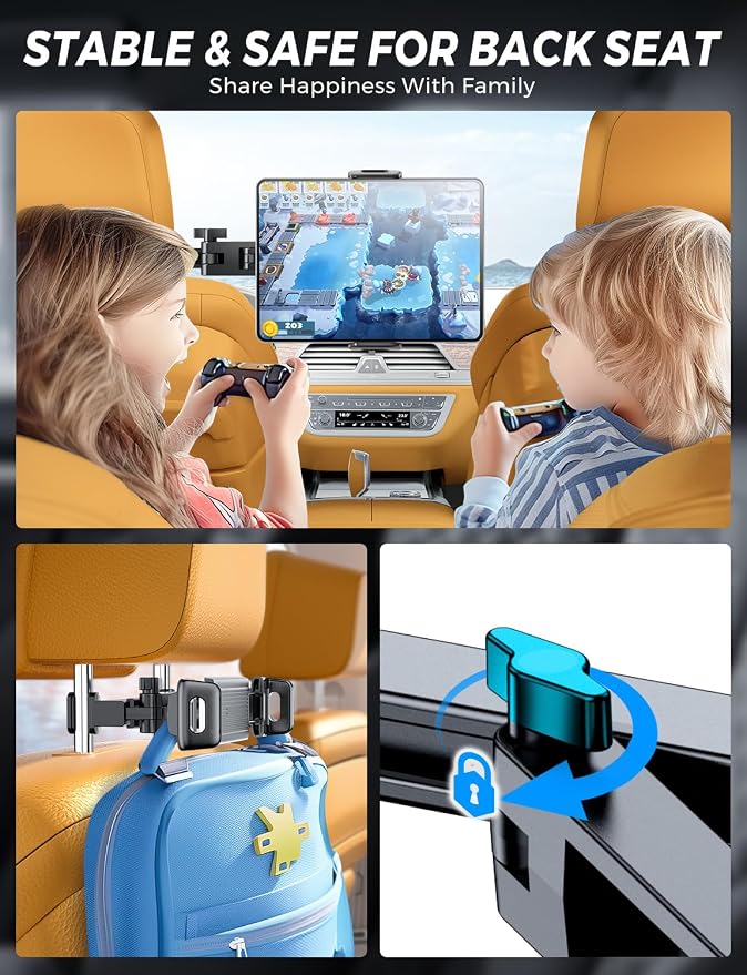 eSamcore for iPad Holder for Car Backseat, Triangular Retractable Arm Headrest Tablet Holder Deeper Clamp Tablet Car Mount Back Seat Kids Car Accessories for 4.7"-11" iPad Pro, Air, Mini, Galaxy Tab