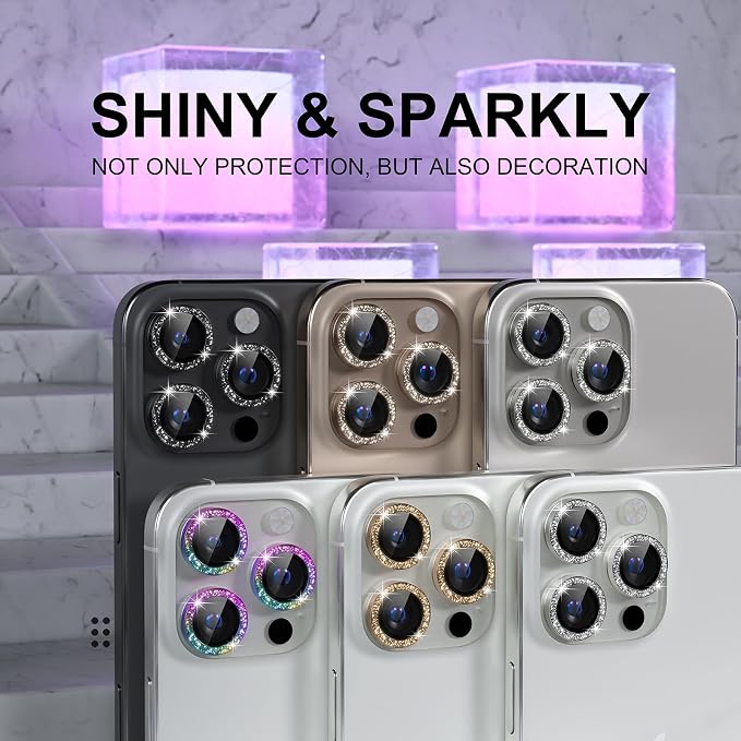 Choiche Compatible for iPhone 16 Pro/iPhone 16 Pro Max Camera Lens Protector Bling, 9H Tempered Glass Camera Cover Screen Protector Metal Ring Decoration Accessories (Glitter-Colorful)