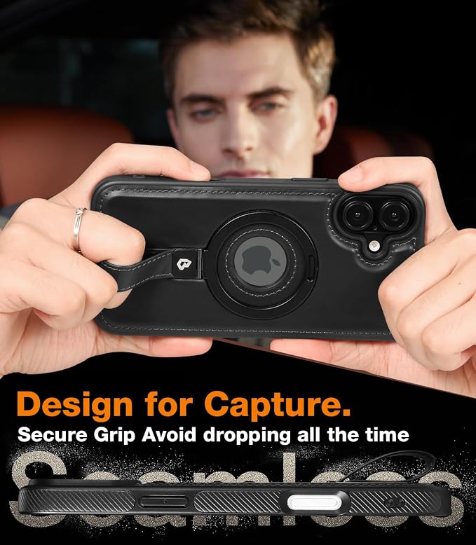 for iPhone 16 Plus Leather Case with Stand, Anti-Slip Grip Ring, Fits for MagSafe (Black, iPhone 16 Plus)