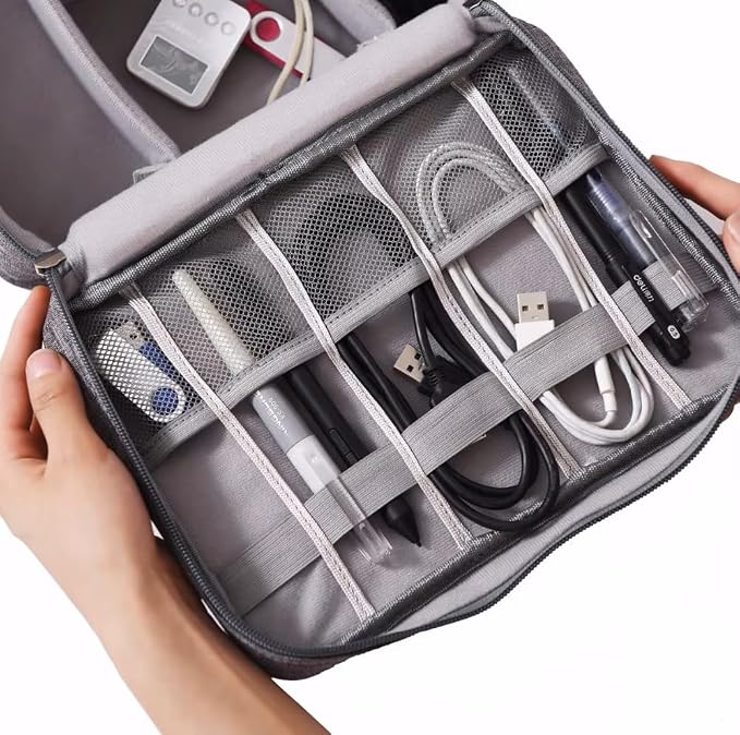 CARIGO Portable Electronics Organizer Bag, Double Layer Travel Gadget Organizer, Waterproof Digital Storage Case for Cables, Chargers, USB, SD Cards, Power Bank (Red)