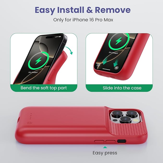 Battery Case for iPhone 16 Pro Max, Upgraded 8600mAh Portable Charging Case, Ultra-Slim Lightweight Powerful Extended Battery Pack for iPhone 16 Pro Max (6.9 inch)-Red