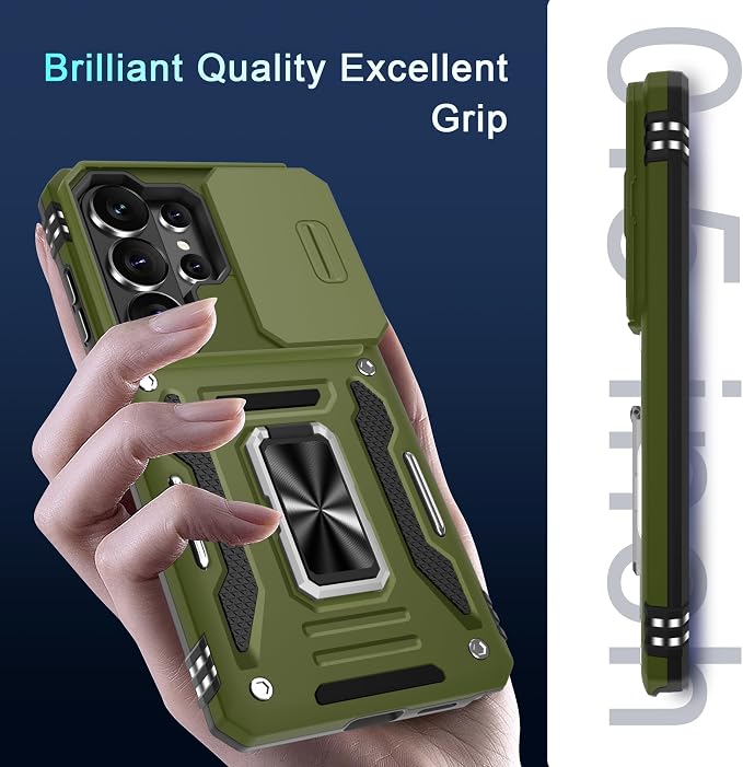 DEERLAMN Case for Samsung Galaxy S26 Ultra 6.9-Inch with Slide Camera Cover+Screen Protector(1 Pack), Rotated Ring Kickstand Military Grade Shockproof Protective Cover-Olive Green