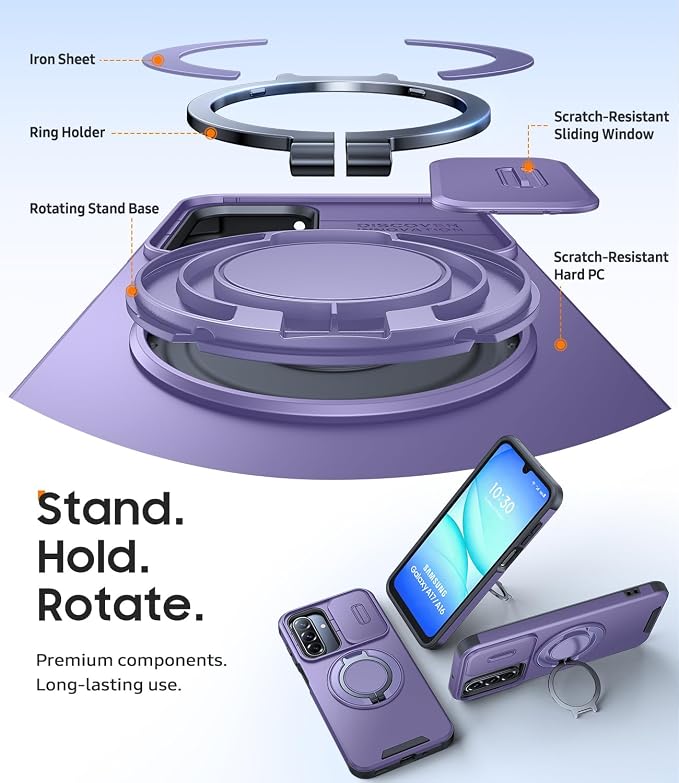 JAME for Samsung Galaxy A17/A16 5G Case, Ring Holder Stand, Slide Camera Cover, 2 Pack Screen Protectors, Dual-Layer Shockproof Protective, Magnetic Accessory Friendly Galaxy A16/A17 4G Case, Purple