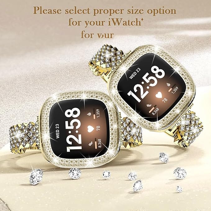 Bling Watch Band Compatible with Fitbit Versa 3/ Fitbit Sense for Women, Adjustable Crystal Alloy Strap Rhinestone Stainless Steel Metal Wristband for Fitbit Sense/Versa 3 (Gold, Versa 3/Sense)