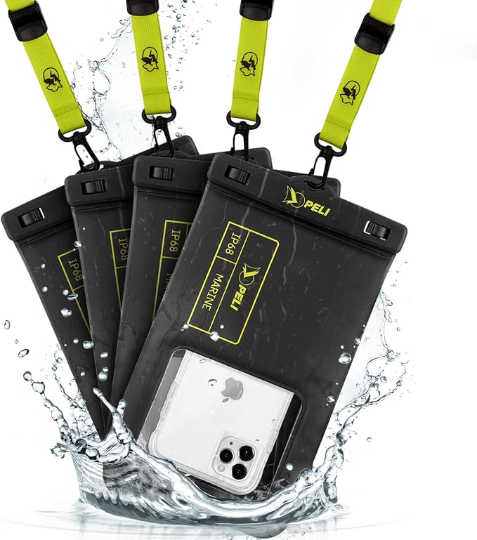 Peli 4 Pack Marine - IP68 Waterproof Phone Pouch (XL Size)-Floating Waterproof Phone Case for iPhone 16 Pro Max/iPhone 15 Pro/14 Pro/13/12/S25 - Detachable Lanyard - Black/Hi-Vis Yellow