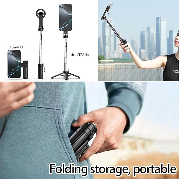 4-in-1 Multifunctional 360° Rotation Magnetic Selfie Stick, Mini Portable Extendable Phone Tripod with Remote and Metal Ring for iPhone & Android, for Travel Vlog Live Streaming (Black)