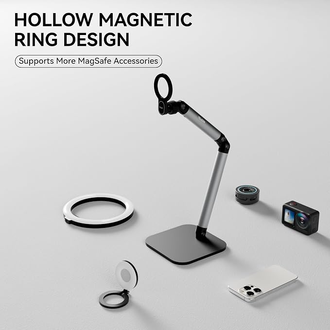 Phone Holder For Desk, With Magnetic Design, Tablet Stand for iPad, With Heavy Duty Metal Base, Desktop Stand Holder With 360° Rotation, Height & Angle Adjustable, For Video Calls, Vlog Recording