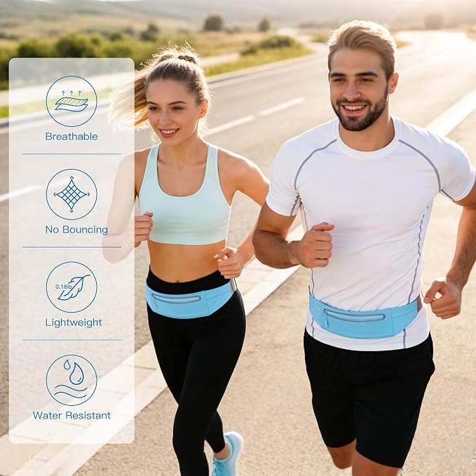Slim Running Belt for Men Women - No-Bounce Phone Holder Waist Pack, Runners Fanny Pack with Sweat-Proof Pocket ,Travel Money Pouch for Gym/Hiking/Cycling (Light Blue)