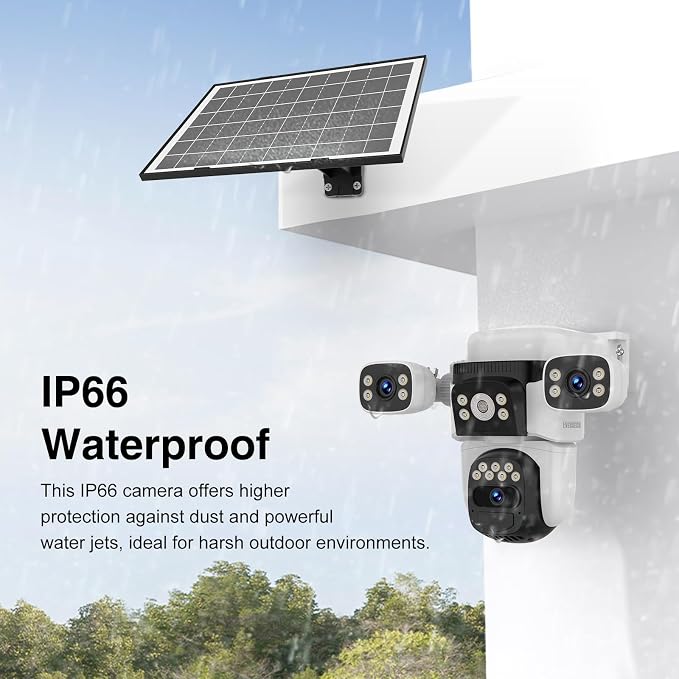 EVERSECU Solar Wireless Triple Lens WiFi PTZ Security Camera, Three Cameras in One, Side Cameras with Adjustable All-Angle Arm, 2K 360° View No Blind Spot, Auto Tracking, Spotlight, 2 Way Audio