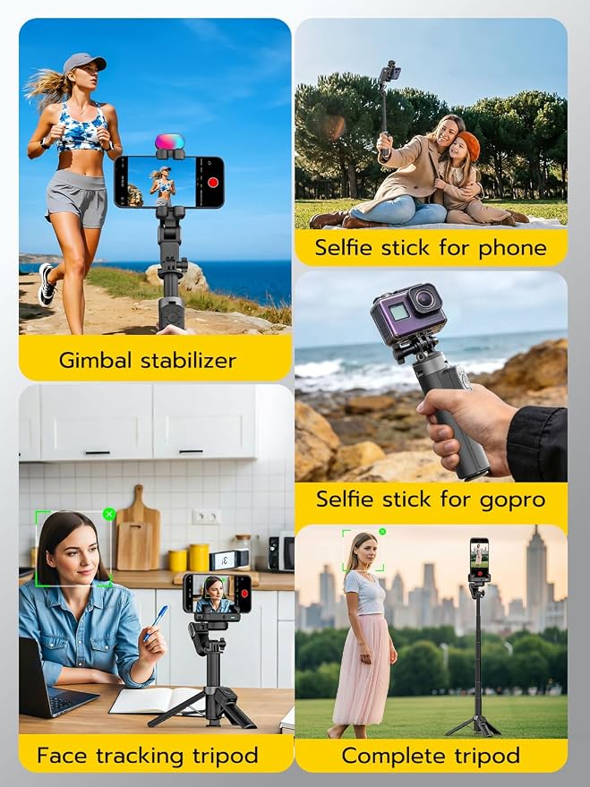 AOCHUAN Gimbal Stabilizer for iPhone, 4 in 1 Phone Gimbal w/360° Rotation for iPhone/Andriod Sefie Stick Tripod w/Auto Face Tracking and Wireless Remote for Vlogging-M3 Promini Black