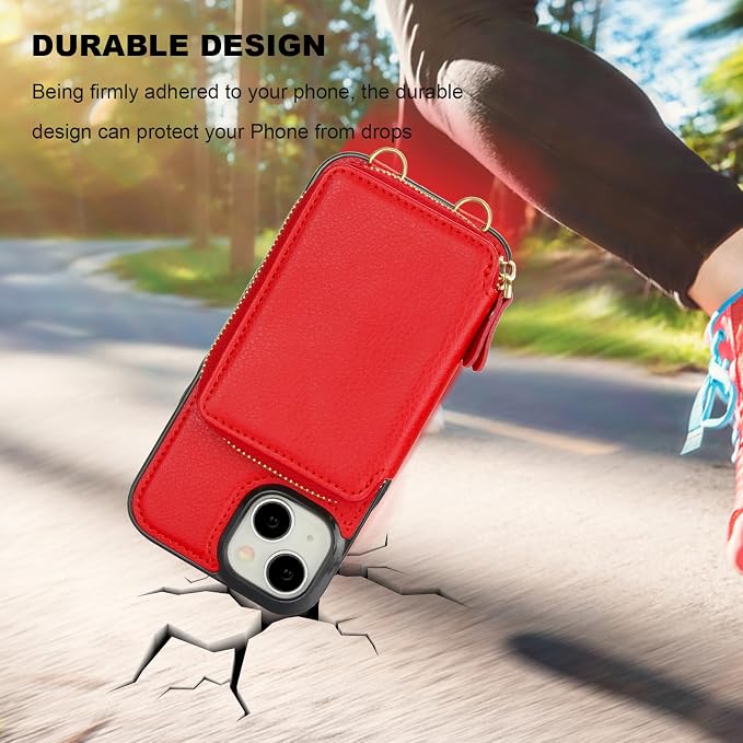 Bocasal RFID Blocking Wallet Case for iPhone 15, Adjustable Crossbody Zipper Purse Case Card Holder with Kickstand Detachable Wrist Strap, PU Leather Flip Folio Case 6.1 Inch 5G (Red)