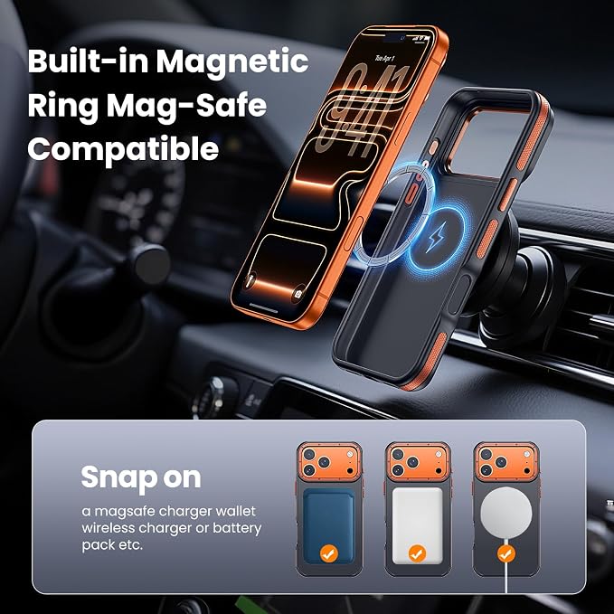 Strong Magnetic Case for iPhone 17 Pro(6.3", 2025) with Stand, Drop-Proof Bumper Cover with Contrast Color Border, Military-Grade Drop Protection, Shockproof Slim Thin Cover,Orange