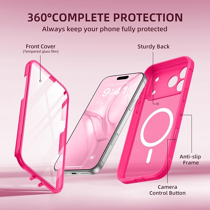 BERFY for iPhone 17 Pro Case, Compatible with MagSafe, Built-in Glass Screen Protector, Camera Protection, Shockproof Full Body Phone case 6.3", Translucent Hot Pink