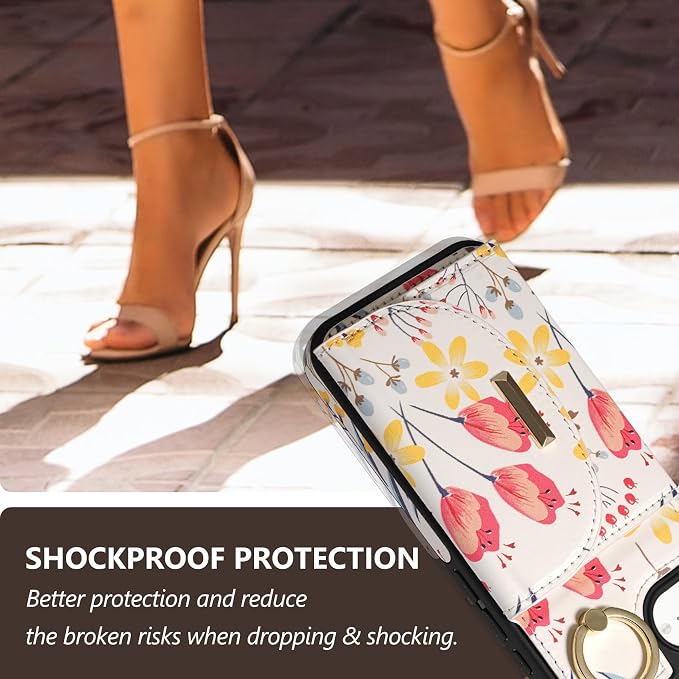 Keallce Wallet Case for iPhone 17e/iPhone 16e, Flip Case with Card Slots, Ring Holder Kickstand, PU Leather Protective Folio Cover for Women,Floral
