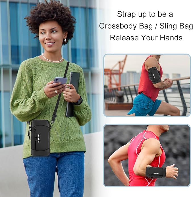 Running Armband Phone Holder & Crossbody Shoulder Bag, Arm Band for Phone for Running Walking, Waterproof Phone Pouch for iPhone 16 15 14 13 Pro Max Samsung Galaxy 7.5 Inch(Crossbody Bag Black)