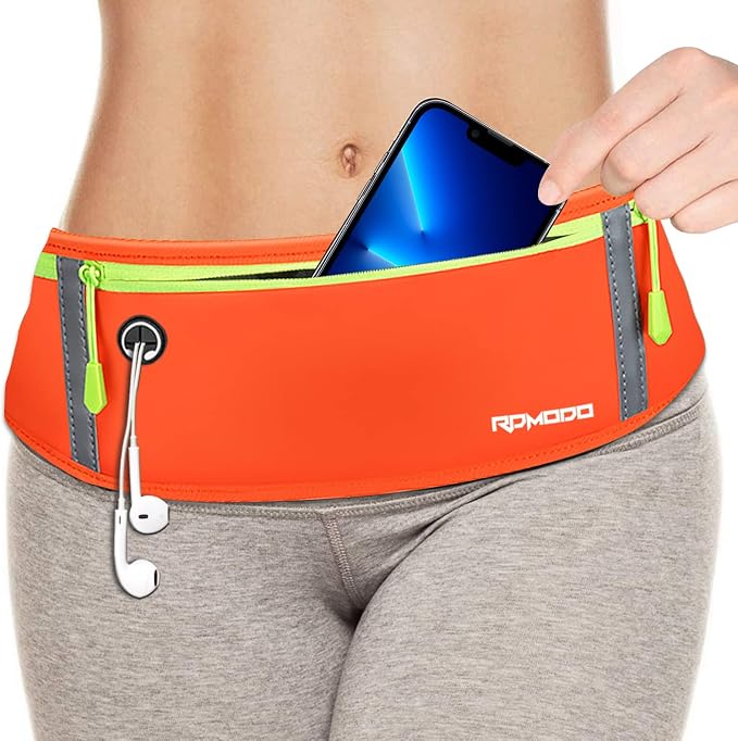 Fanny Pack for Men, Running Belt Waist Pack for Women Water Resistant Running Pouch Slim Large Capacity 3 Pockets Reflective Strip Flip Belt for iPhone 13 14 15 16 Plus Pro Max Workout Orange