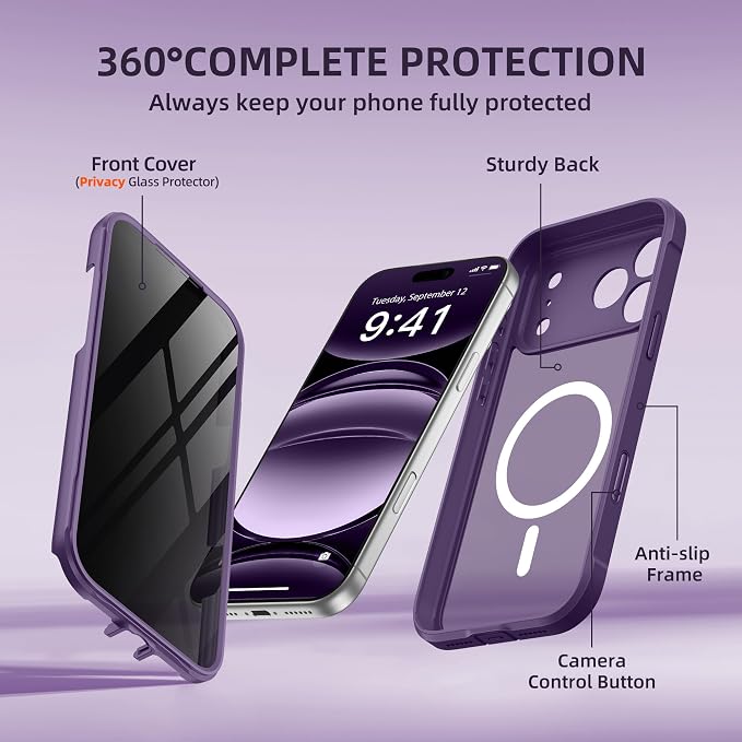 BERFY for iPhone 17 Pro Max Case, Compatible with MagSafe, Built-in Privacy Screen Protector, Camera Protection, Shockproof Full Body Phone Case 6.9", Translucent Deep Purple