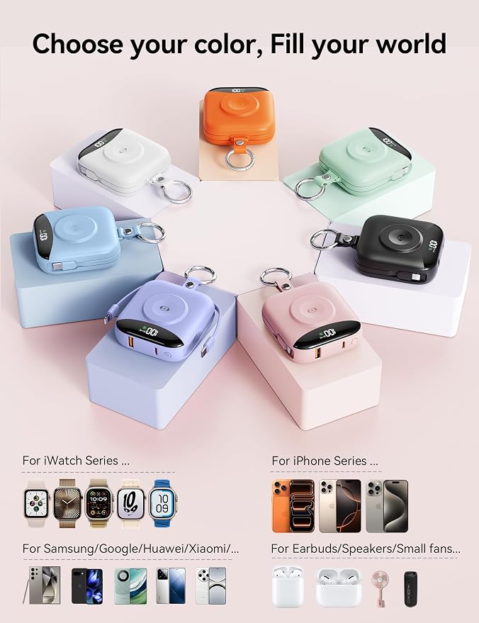 Portable Charger Power Bank, 10000mAh Fast Charging Power Bank with Built-in Cables, Travel Keychain Battery Pack with LED Display for iPhone Samsung Android iPad iWatch Charger 11/10/9/8/Ultra,Pink