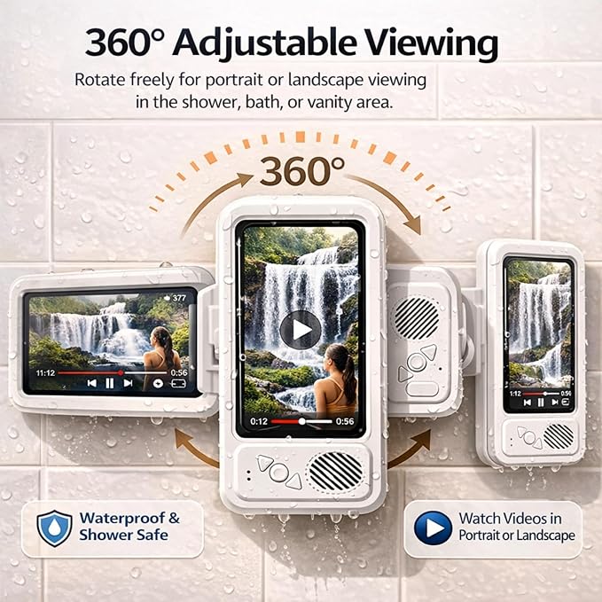 Waterproof Shower Phone Holder with Built-in Bluetooth Speaker, Wall Mount Touch Screen Phone Case for Bathroom, Anti-Fog Window, Fits Smartphones up to 7”, Hands-Free Video & Music (Black)