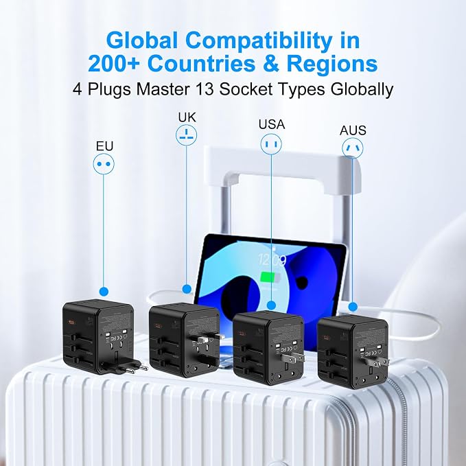 Universal Travel Adapter, International Power Plug Converter with 45W PD Charger, 2500W Support, All-in-One AC Adapter Travel Essentials for Europe EU UK US AUS, Type C Port