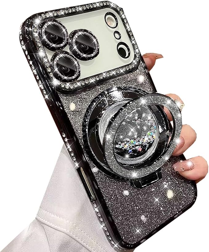 Glitter Kickstand Case for iPhone 17 Pro Max,Cute Bling Sparkly Diamond Rhinestone with Camera Lens Protector Liquid Flowing Ring Stand TPU Bumper Women Girls Case for iPhone 17 Pro Max,Black
