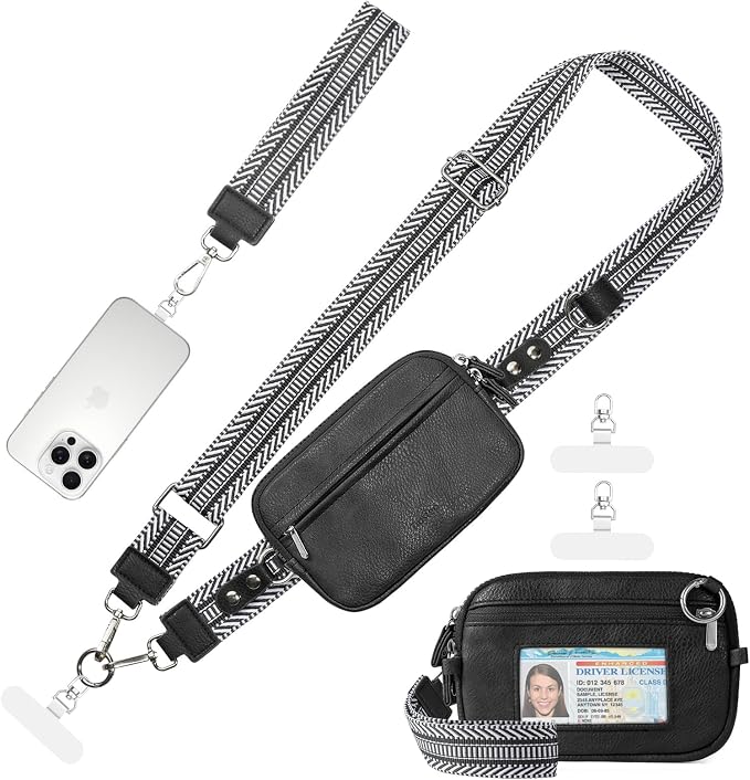 Tiostep Clip and Go Strap for Phone with Wallet Crossbody Phone Lanyard Adjustable and Anti-Theft Leather Purse with RFID Zipper Pouch for Travel Daily Life. Black Medium