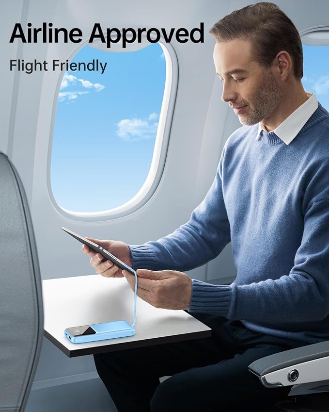 RONEGN Portable Charger with Built in Cable -20000mAh Fast Charging Power Bank USB C Slim 22.5W LED Display Battery Pack 5 Outputs & 3 Inputs for Travel Essentials iPhone Samsung Phones Sky Blue
