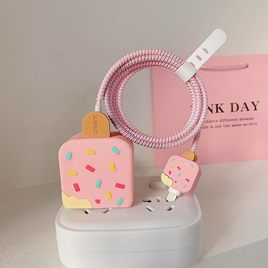 Compatible with iPhone 18W/20W USB-C Charger Protector Cover, 3D Cute Cartoon Charger Case for Apple iPhone 20W USB-C Power Adapter and Lightning Cable Protective Wire Saver (Pink Ice Cream)
