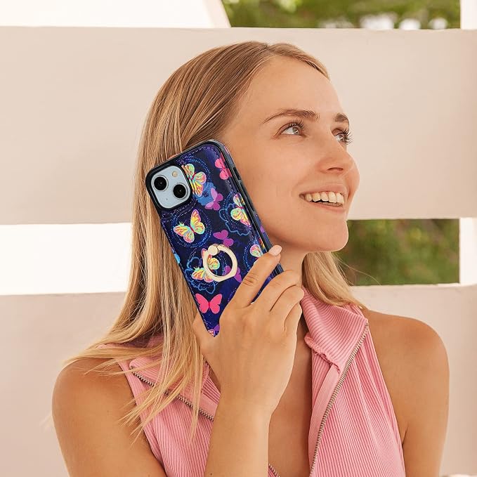 HAOPINSH for iPhone 13/ iPhone 14 Wallet Case with Card Holder, 360°Rotation Ring Kickstand, Pink Butterfly Pattern, RFID Blocking Leather for Girls Women, Double Buttons Flip Cover 6.1"