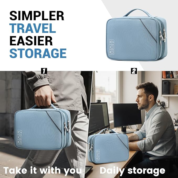 Lanola Electronic Accessories Case,Electronics Travel Organizer, Portable Double Layer Cable Storage Bag for Cord, Charger, Flash Drive, Phone, SD Card,Flash Drive,Adapter - Brown