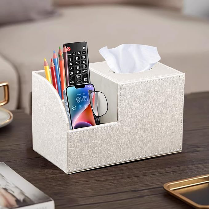 PU Leather Square Tissue Box Cover - Multi-Functional Tissue Box Holder, Tissue Box Cover with Storage,Tissue and Remote Control Holder, Cube Tissue Box Organizer Bedroom Nightstand End Table