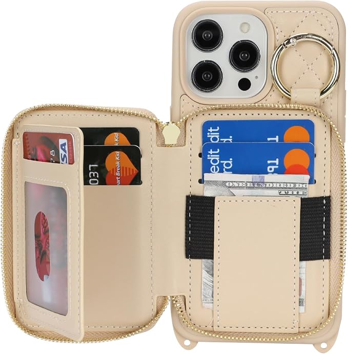 Crossbody Wallet Case for iPhone 14 Pro Max, PU Leather Zipper Handbag Purse Flip Cover, Kickstand Folio Case with Card Slots Holder Wrist Strap Lanyard 5G 6.7 Inch-White