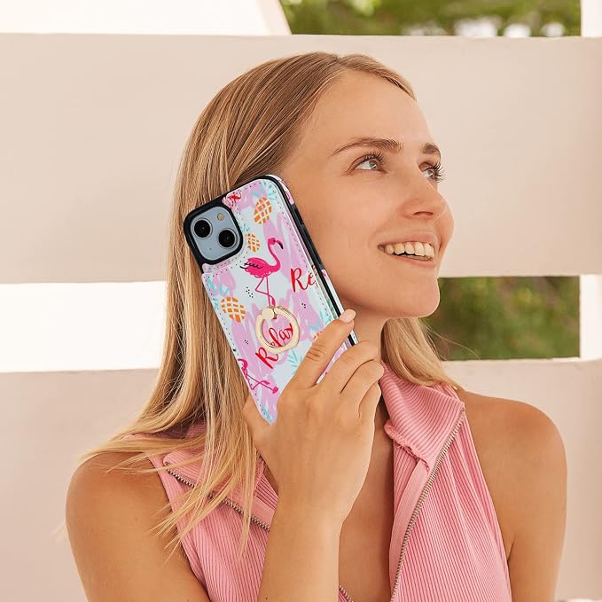 HAOPINSH for iPhone 13/ iPhone 14 Wallet Case with Card Holder, 360°Rotation Ring Kickstand, Pink Flamingo Pattern, RFID Blocking Leather for Girls Women, Double Buttons Flip Protective Cover 6.1"