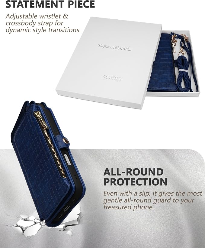 Crossbody Wallet Case for iPhone 17 Pro with Mirror, Wrist Strap, Zipper Purse Magnetic Flip, RFID Blocking Card Holder, Wireless Charging, PU Leather Shockproof 6.3" Women (Navy Blue)