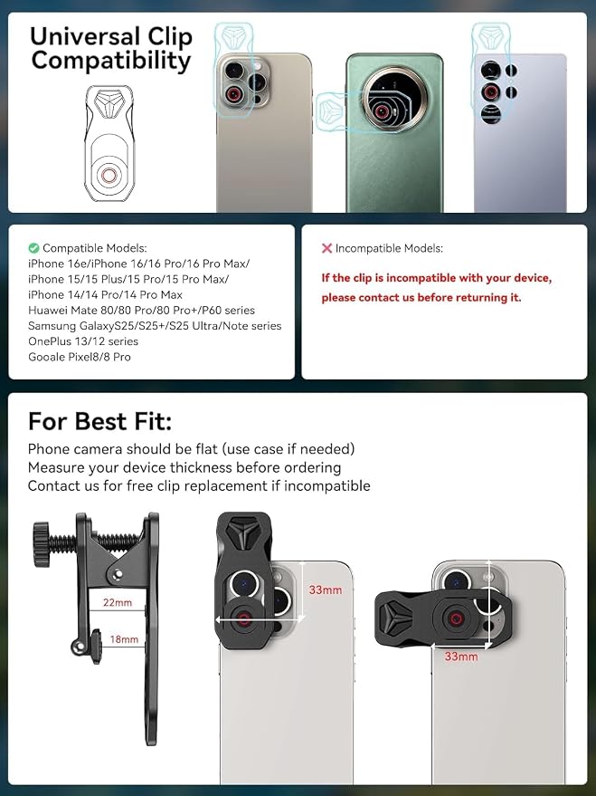 MIAO LAB 28X HD Telephoto Lens for iPhone/Samsung/Android, High Power Telephoto Camera Lens with Universal Clip Compatibility Most Smartphone