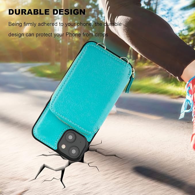 Bocasal RFID Blocking Wallet Case for iPhone 14 Plus, Adjustable Crossbody Zipper Purse Case Card Holder with Kickstand Detachable Wrist Strap, PU Leather Flip Folio Case 6.7 Inch 5G (Mint Green)