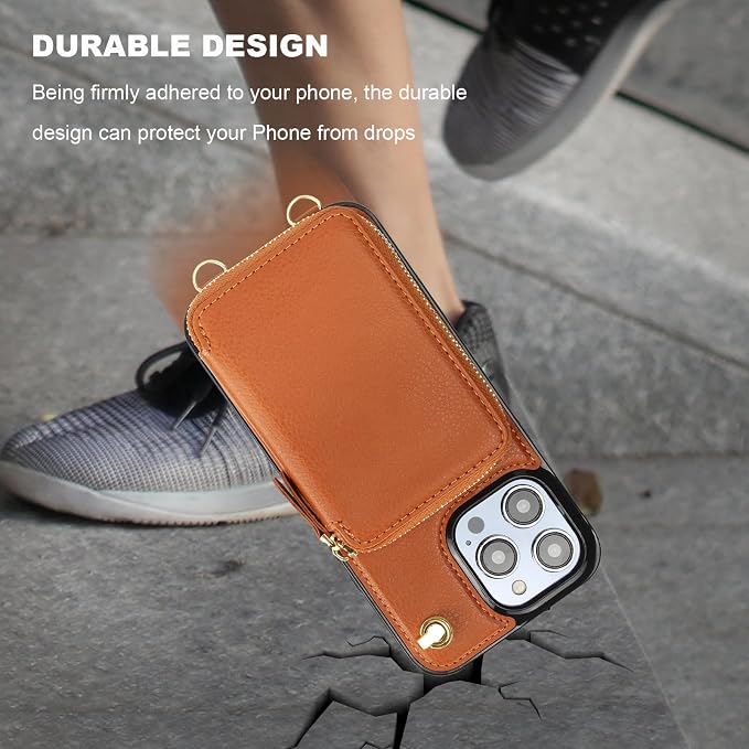 Bocasal for MagSafe Crossbody Wallet Case Compatible with iPhone 14 Pro Max, RFID Blocking Protective Purse Case with Card Slots Holder Kickstand Wrist Strap Lanyard Zipper 6.7 Inch 5G (Brown)