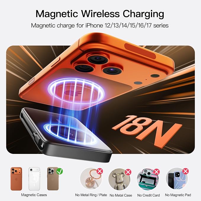 No More Forget Cables! 10000mAh Ultra Slim Magnetic Power Bank, Built-in USB-C & iPhone Cable, 20W Portable Charger with Foldable Stand, for iPhone 17/16/15/14/13/12 Series