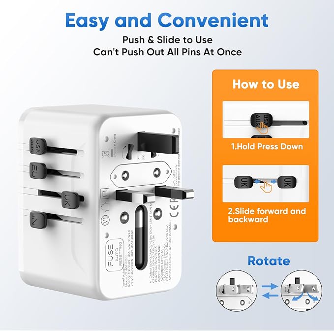 Universal Power Adapter Travel - European Travel Plug Adapter with 3 USB-C PD Fast Charging & 2 USB-A, 1 AC, Worldwide Travel Essentials, International Plug Adapter for UK/US/AU/ID, White