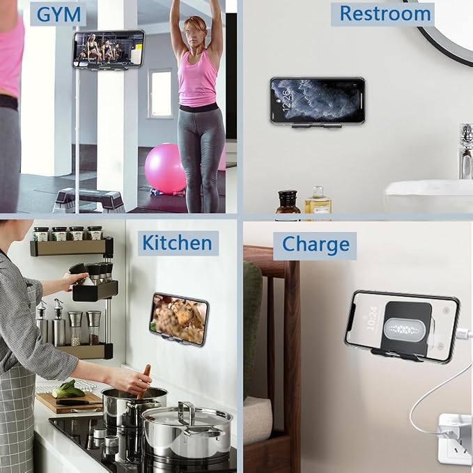 Shower Phone Holder with 2PCS Adhesive Stickers,Aluminum Alloy Wall Mount Phone Stand for Bathroom,Kitchen,Office and More,Compatible with Smartphone(Black-Gray) e(Black-Gray)