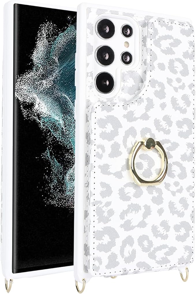 Lipvina for Samsung Galaxy S22 Ultra Case with Card Holder and Strap for Women,Crossbody Lanyard,RFID Blocking,Ring Stand,Snap Clasp,Cute Phone Wallet Cases 6.8 inch(White Leopard)