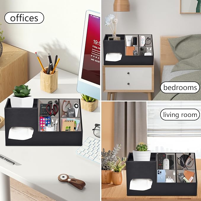 Plus Size Tissue Box Cover-Square Tissue Cover with Side Storage and Tray,Modern Makeup Organizer,PU Leather Tissue Holder Decorative Cube Organizer for Living Room Vanity NightStand Office,Black