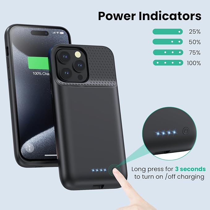Battery Case for iPhone 15Pro Max, Upgrade 8600mah Portable Slim Battery Charging Case, 15W Fast Charging Rechargeable Protective Extended Charger Cover for iPhone 15 Pro Max (6.7 inch)-Black