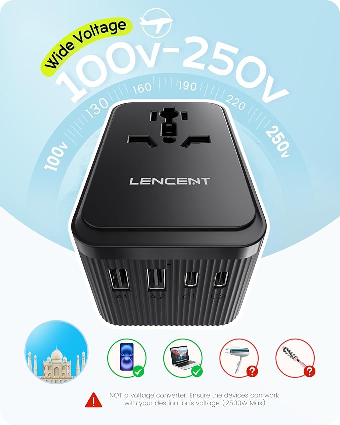 LENCENT 28W Universal Travel Adapter Kit(3 USB C 2 USB A), Type D/G/C/I/A | Worldwide Charger, International Power Adaptor for Europe UK Maldives Sri Lanka India Nepal Ghana Zimbabwe Tanzania Nigeria