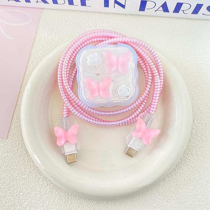 Charger Cover Set, Compatible with Apple 40W Dynamic Power Adapter (with 60W Max), DIY 3D White Floral Wave Transparent Soft Charger Case + Spiral Data Cable Protector, Pink Butterfly (5in1)