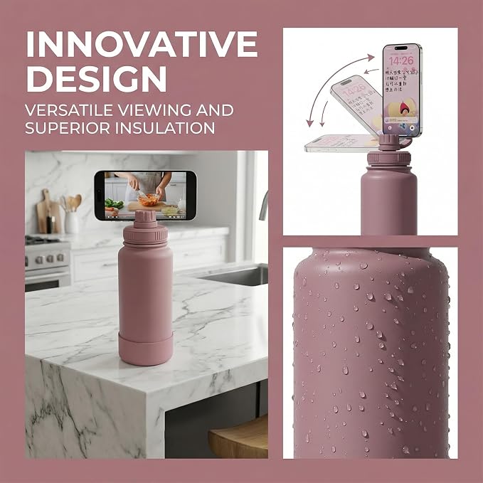 32oz Insulated Tumbler with Magnetic Phone Holder, Gym Water Bottle | Leak Proof Lid, 24hr Cold & 12hr Hot, Non-Slip Base | Travel Mug, Reusable & Eco-Friendly (smoky pink, 32, ounces)