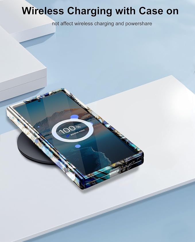 Btscase for Samsung Galaxy Z Fold 7 Case,Built in Front Screen Protector,Gold Glitter Marble Pattern Hard PC Slim Shockproof Full Body Drop Protective Case for Galaxy Z Fold 7 5G, Blue Floral