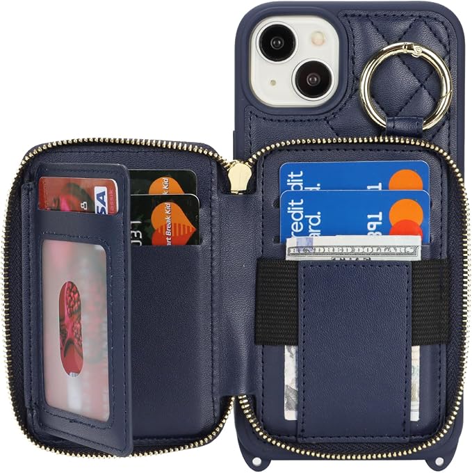 Crossbody Wallet Case for iPhone 14 Plus, PU Leather Zipper Handbag Purse Flip Cover, Kickstand Folio Case with Card Slots Holder Wrist Strap Lanyard 5G 6.7 Inch-Blue