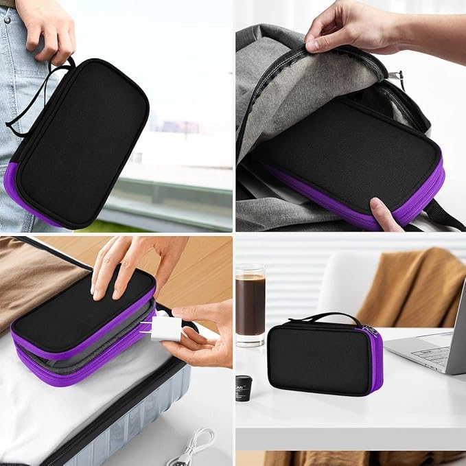 ZINMARK Portable Cable Organizer Case,Travel Pouch with Double-Layer Storage for Cables,Chargers,Earbuds & Phone,Black Purple– Small Size
