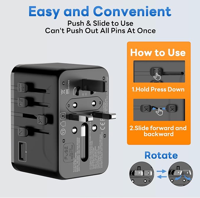 Universal Travel Adapter, 45W International Power Adaptor Type D/G/C/I/A | Fuse Auto-Resetting, GaN Fast Charging, All in One Plug Adapter, Portable Travel Essentials